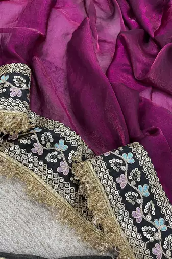 magenta satin silk saree with thread & sequins work