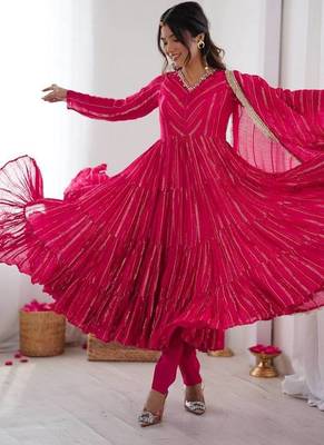 pink mal chanderi anarkali suit with mirror handwork 1