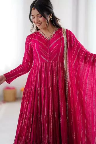 pink mal chanderi anarkali suit with mirror handwork