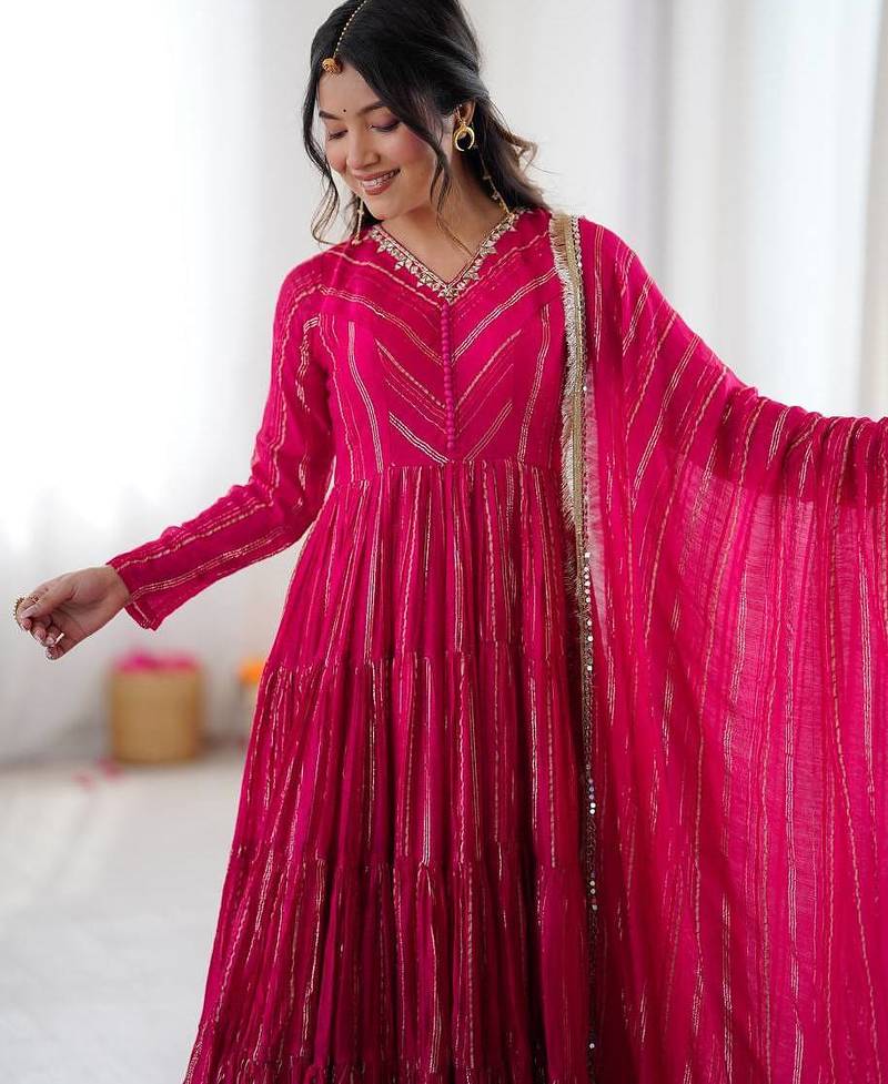 Women ethnic wear ruffle gown mal chanderi real mirror with handwork kurta set