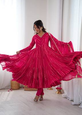 pink mal chanderi anarkali suit with mirror handwork 3