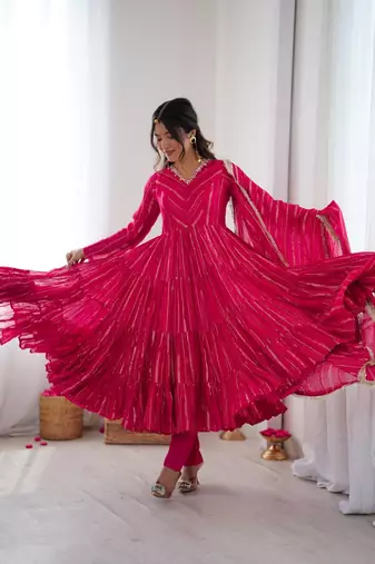 pink mal chanderi anarkali suit with mirror handwork