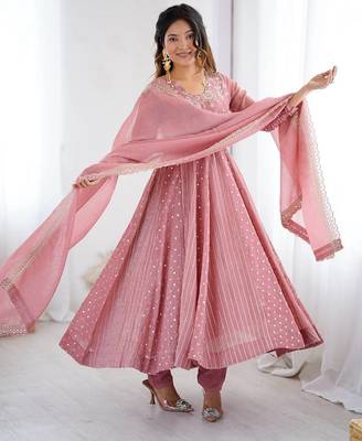 peach crunchy silk anarkali suit with embroidered detailing 1