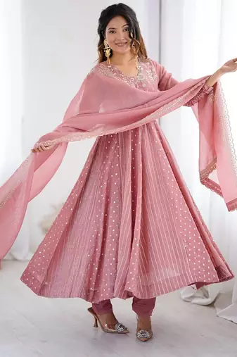 Anarkali gown with crunchy silk with fully flair embroidery sequence work with dupatta set