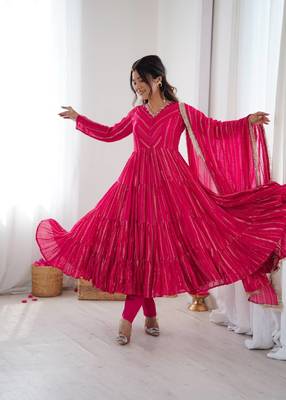 pink mal chanderi anarkali suit with mirror handwork 4