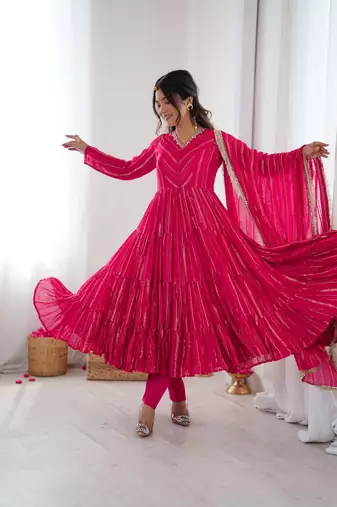 pink mal chanderi anarkali suit with mirror handwork