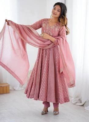 peach crunchy silk anarkali suit with embroidered detailing 2