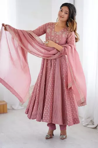 peach crunchy silk anarkali suit with embroidered detailing
