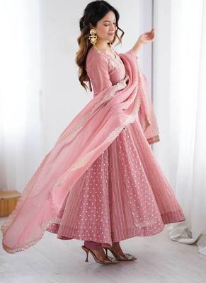 peach crunchy silk anarkali suit with embroidered detailing 3
