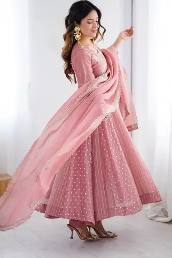 peach crunchy silk anarkali suit with embroidered detailing