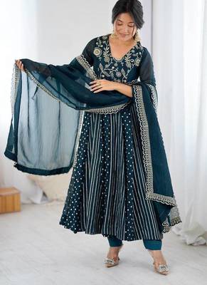 blue crunchy silk anarkali suit with embroidered detailing 1