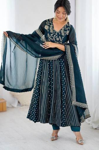 Anarkali gown with crunchy silk with fully flair embroidery sequence work with dupatta set