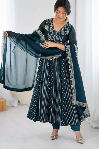 Anarkali gown with crunchy silk with fully flair embroidery sequence work with dupatta set