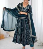 blue crunchy silk anarkali suit with embroidered detailing
