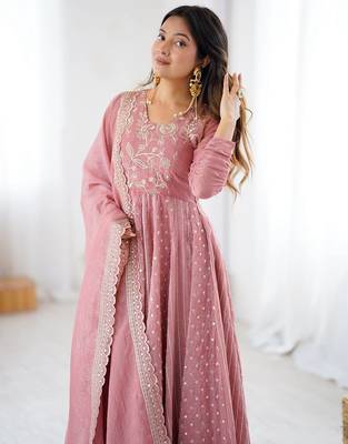 peach crunchy silk anarkali suit with embroidered detailing 4