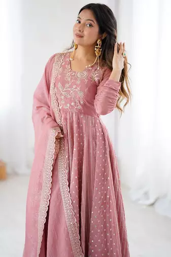 peach crunchy silk anarkali suit with embroidered detailing