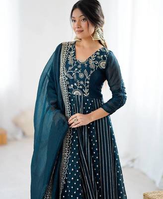 blue crunchy silk anarkali suit with embroidered detailing 2