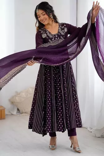 Anarkali gown with crunchy silk with fully flair embroidery sequence work with dupatta set