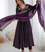 purple crunchy silk anarkali suit with embroidery