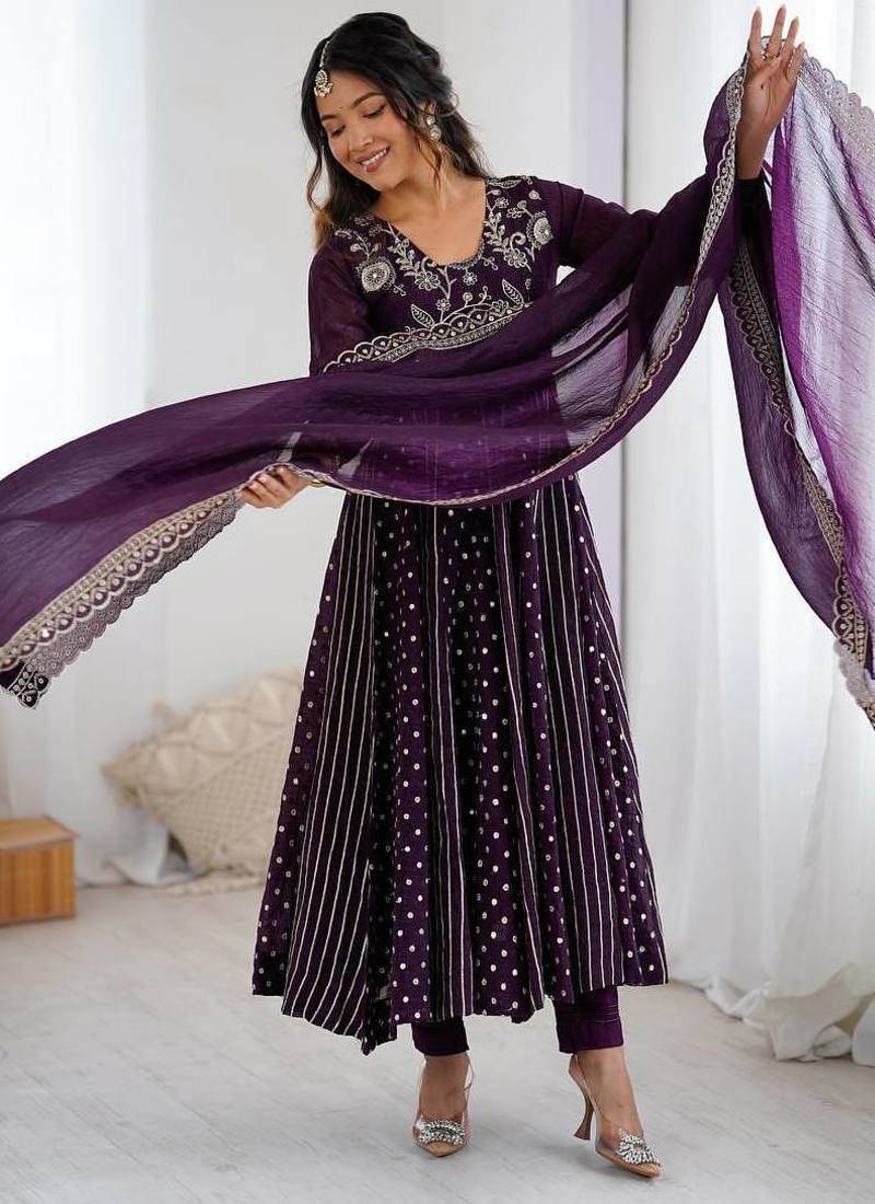 Anarkali gown with crunchy silk with fully flair embroidery sequence work with dupatta set