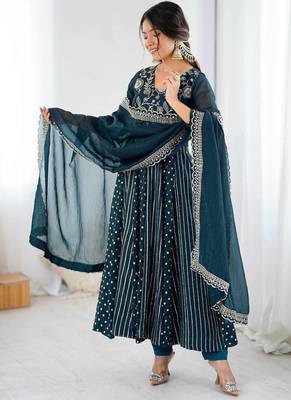 blue crunchy silk anarkali suit with embroidered detailing 4