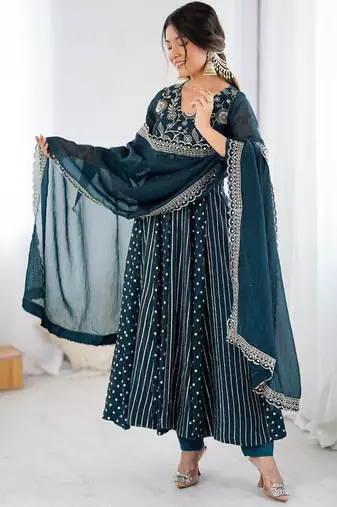 blue crunchy silk anarkali suit with embroidered detailing