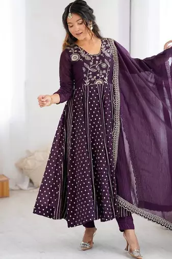 purple crunchy silk anarkali suit with embroidery