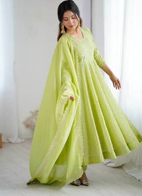parrot green crunchy silk anarkali suit with embroidery 1