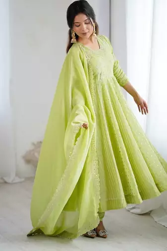 parrot green crunchy silk anarkali suit with embroidery