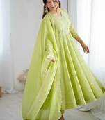 parrot green crunchy silk anarkali suit with embroidery