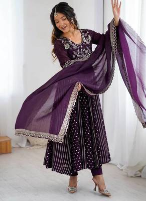 purple crunchy silk anarkali suit with embroidery 3