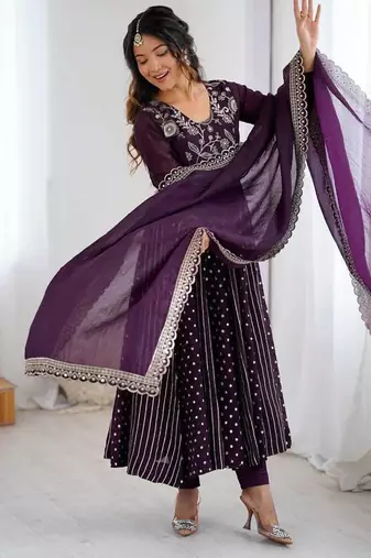 purple crunchy silk anarkali suit with embroidery