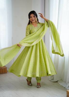 parrot green crunchy silk anarkali suit with embroidery 2