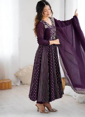 purple crunchy silk anarkali suit with embroidery 4