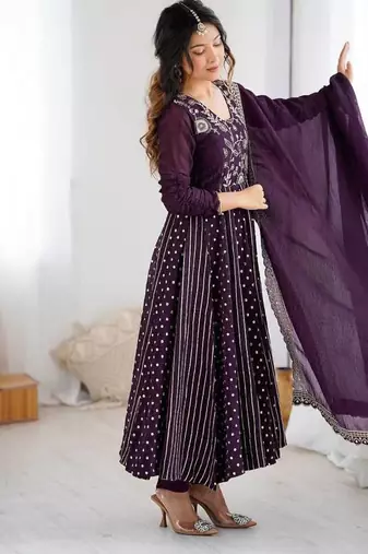purple crunchy silk anarkali suit with embroidery