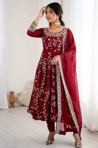 Heavy faux georgette with embroidery sequence work with fully flair gown ,pant with dupatta set