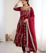 maroon faux georgette anarkali suit with embroidery work