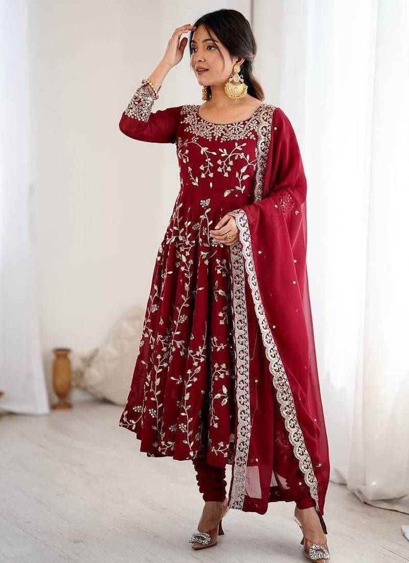 Heavy faux georgette with embroidery sequence work with fully flair gown ,pant with dupatta set