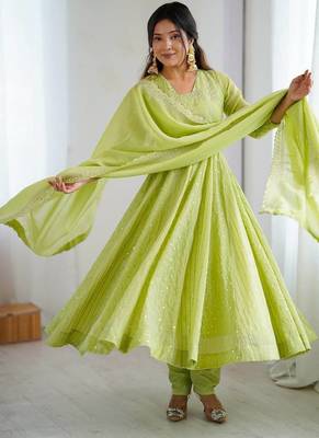 parrot green crunchy silk anarkali suit with embroidery 3