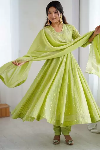 parrot green crunchy silk anarkali suit with embroidery