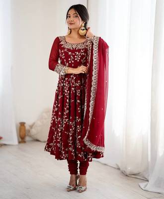 maroon faux georgette anarkali suit with embroidery work 2
