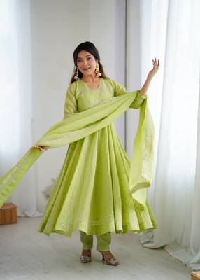 parrot green crunchy silk anarkali suit with embroidery 4
