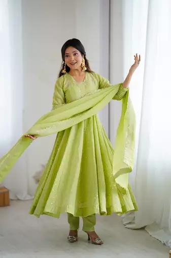 parrot green crunchy silk anarkali suit with embroidery