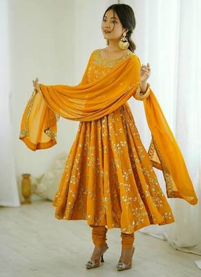 yellow art silk anarkali suit with embroidery work 1