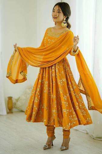 Heavy faux georgette with embroidery sequence work with fully flair gown ,pant with dupatta set
