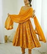 yellow art silk anarkali suit with embroidery work