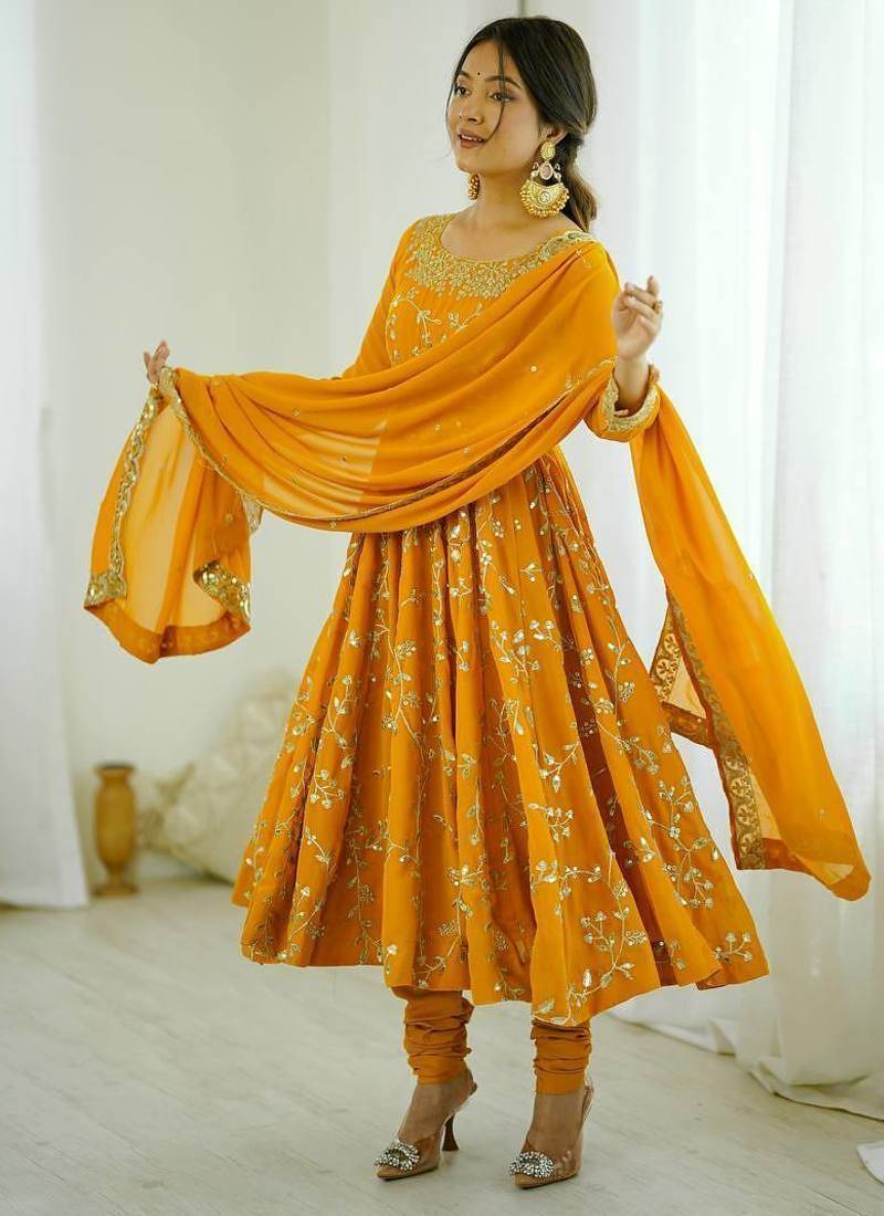 Heavy faux georgette with embroidery sequence work with fully flair gown ,pant with dupatta set