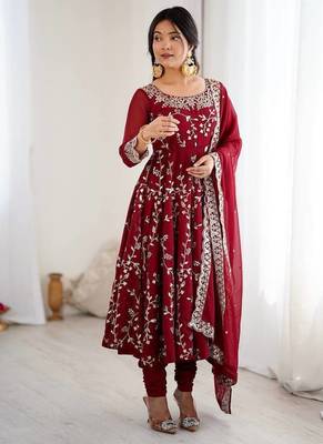 maroon faux georgette anarkali suit with embroidery work 3