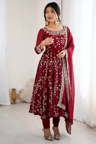 maroon faux georgette anarkali suit with embroidery work