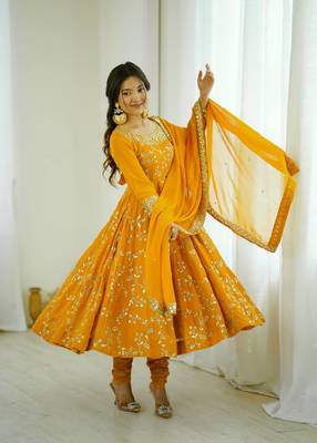 yellow art silk anarkali suit with embroidery work 2
